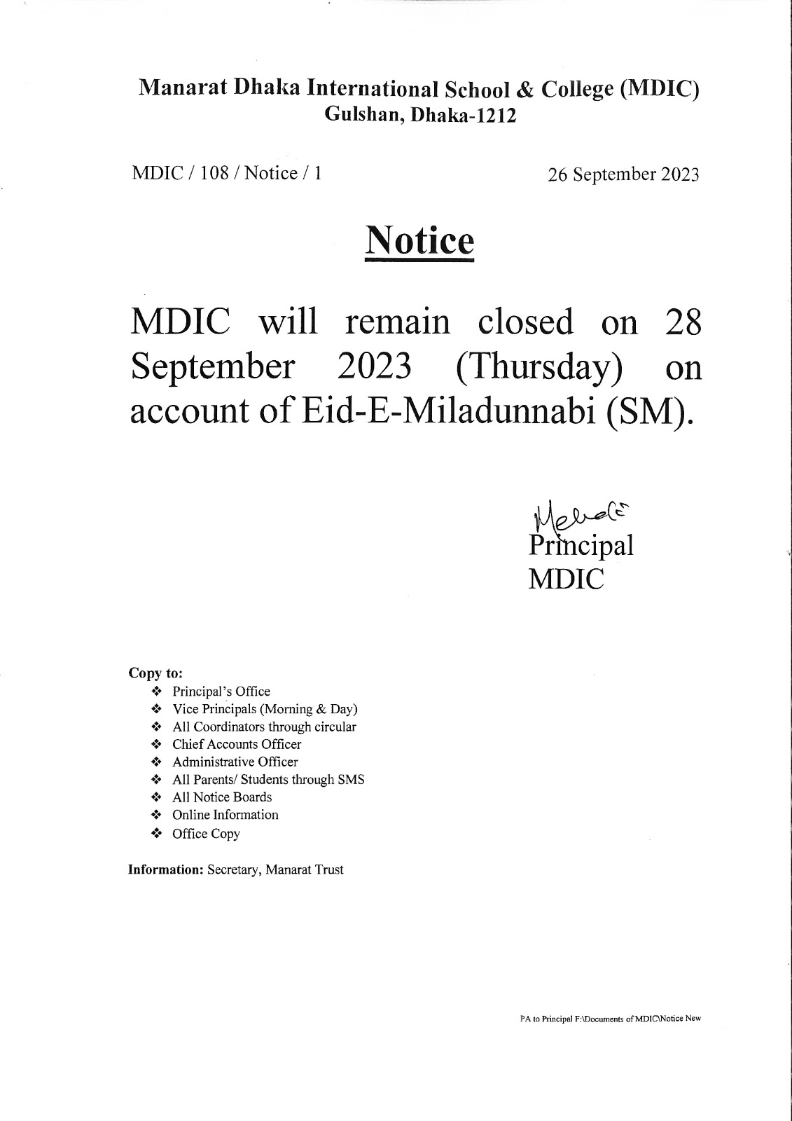 Notice for Eid-E-Miladunnabi (SM)
