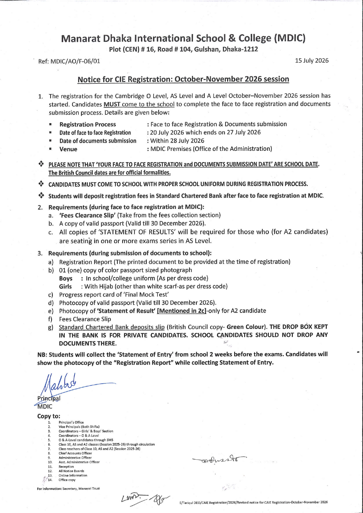 Notice for CIE Registration Oct-Nov 2026 Session