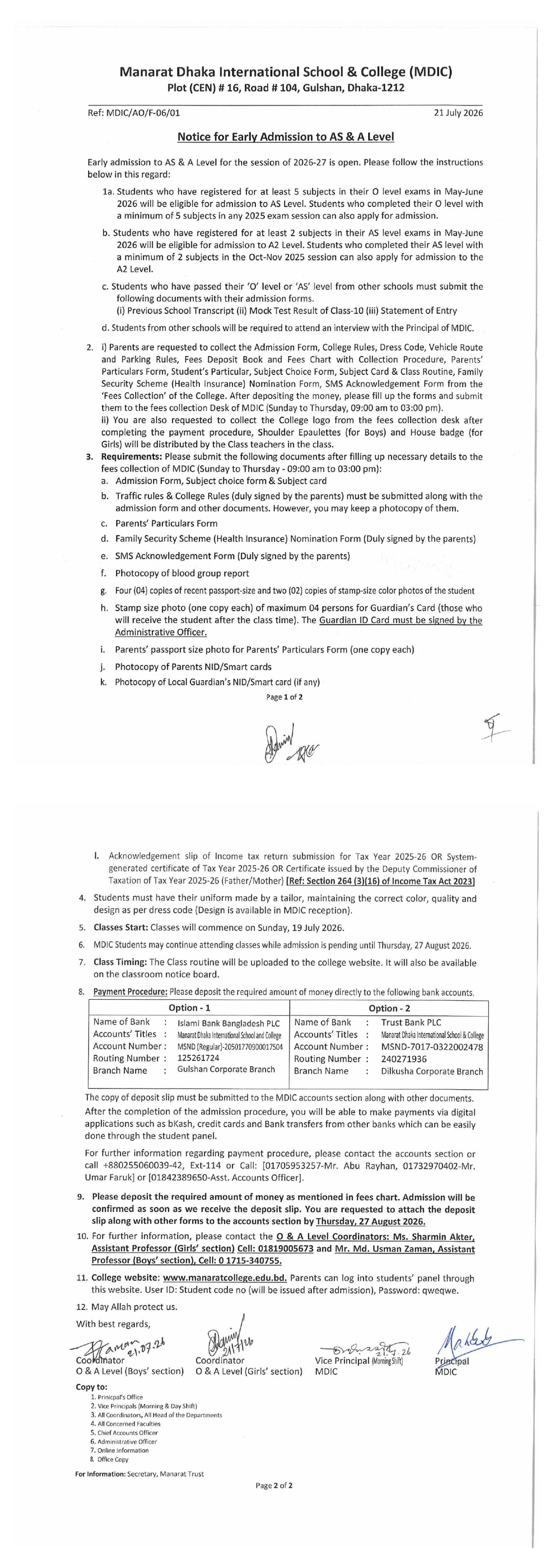 Notice for Early Admission to AS & A Level