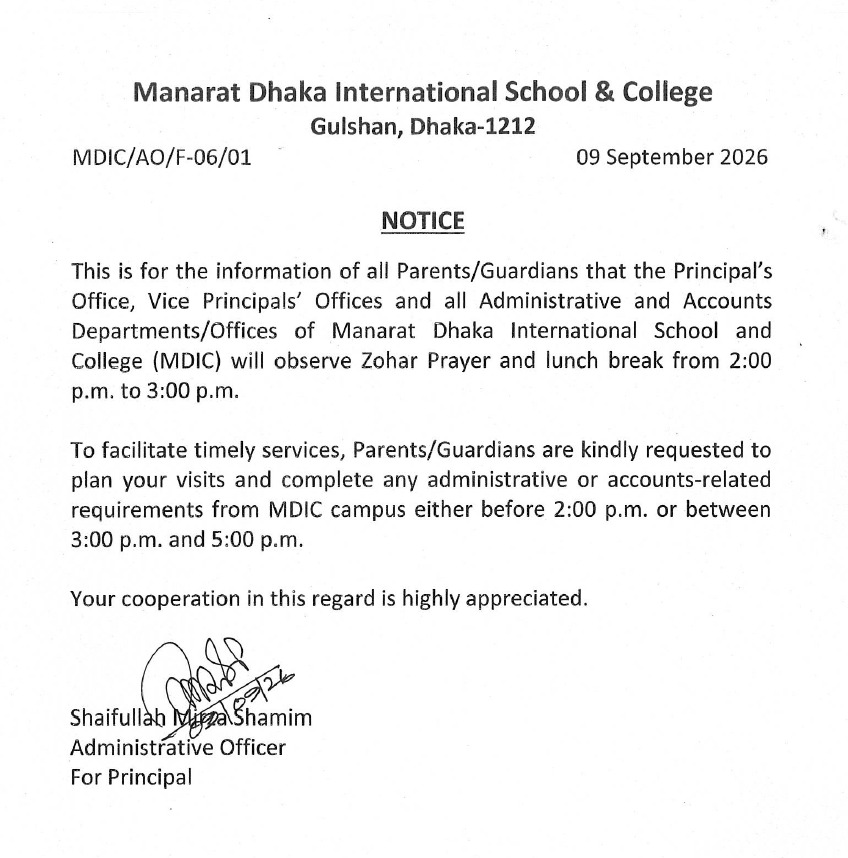 Notice to Parents or Guardians for Fixed Lunch Break Time